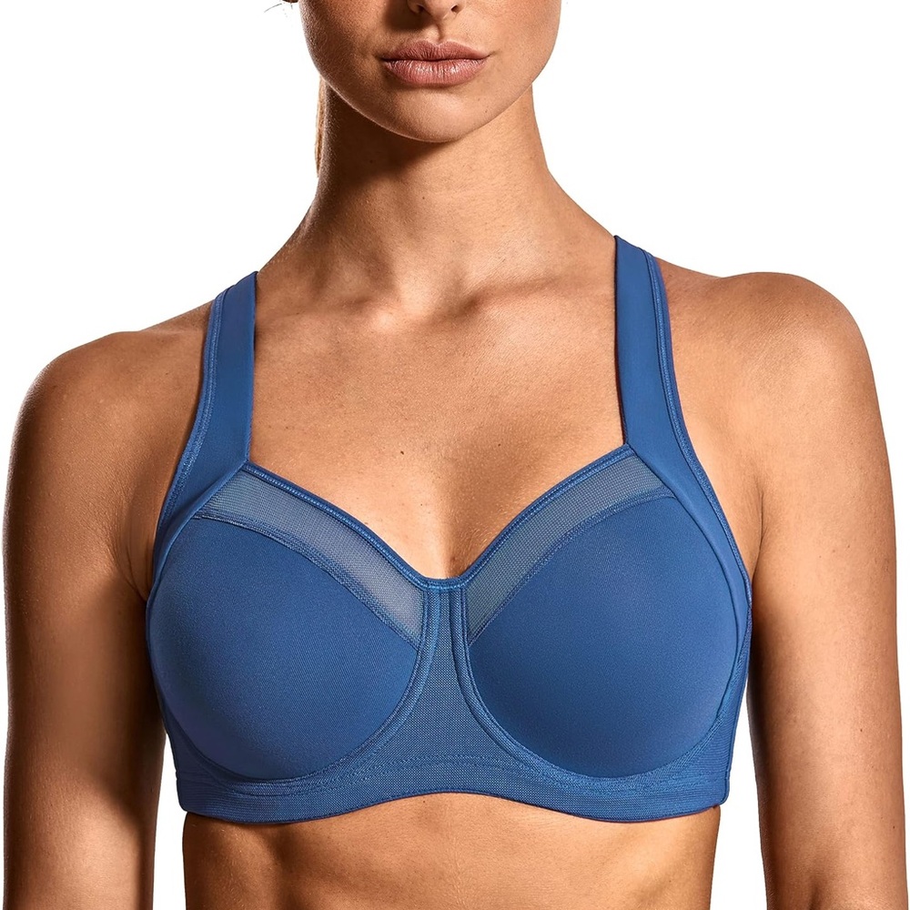 NWT SYROKAN High Impact Unlined Underwire Racerback Sports Bra Midnight Blue 34C